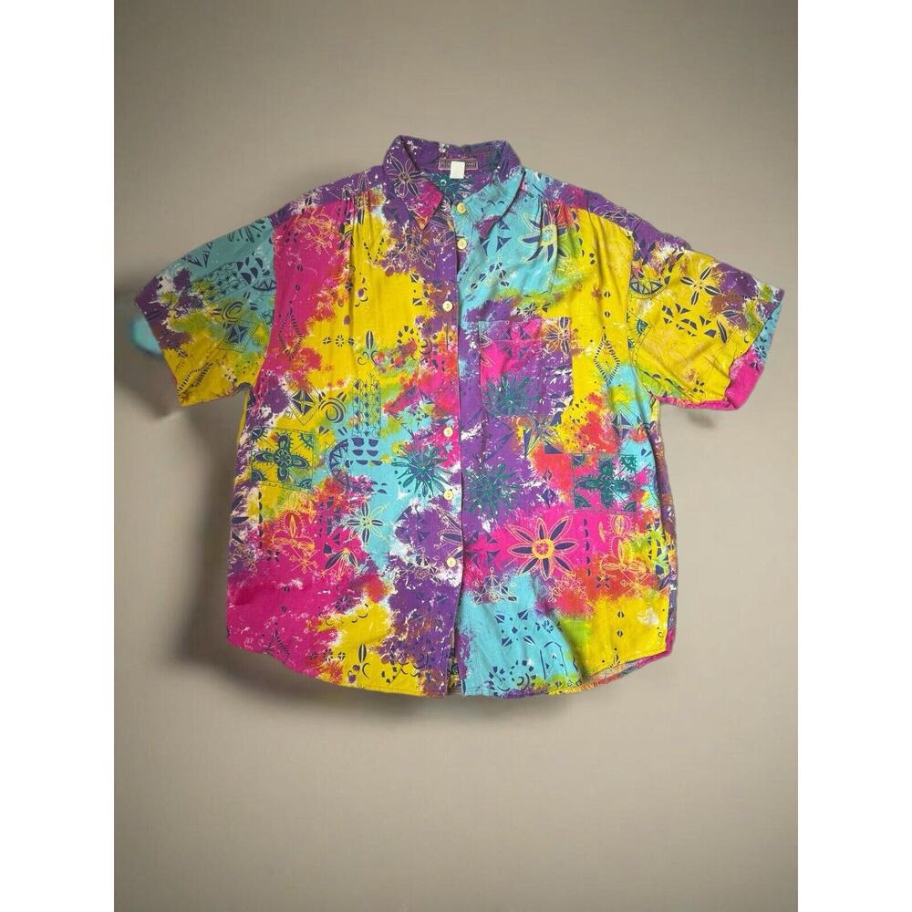 Men’s Vintage Tie Die Hippie Boho Button Up Collared Shirt Relaxed Hawaiian XL